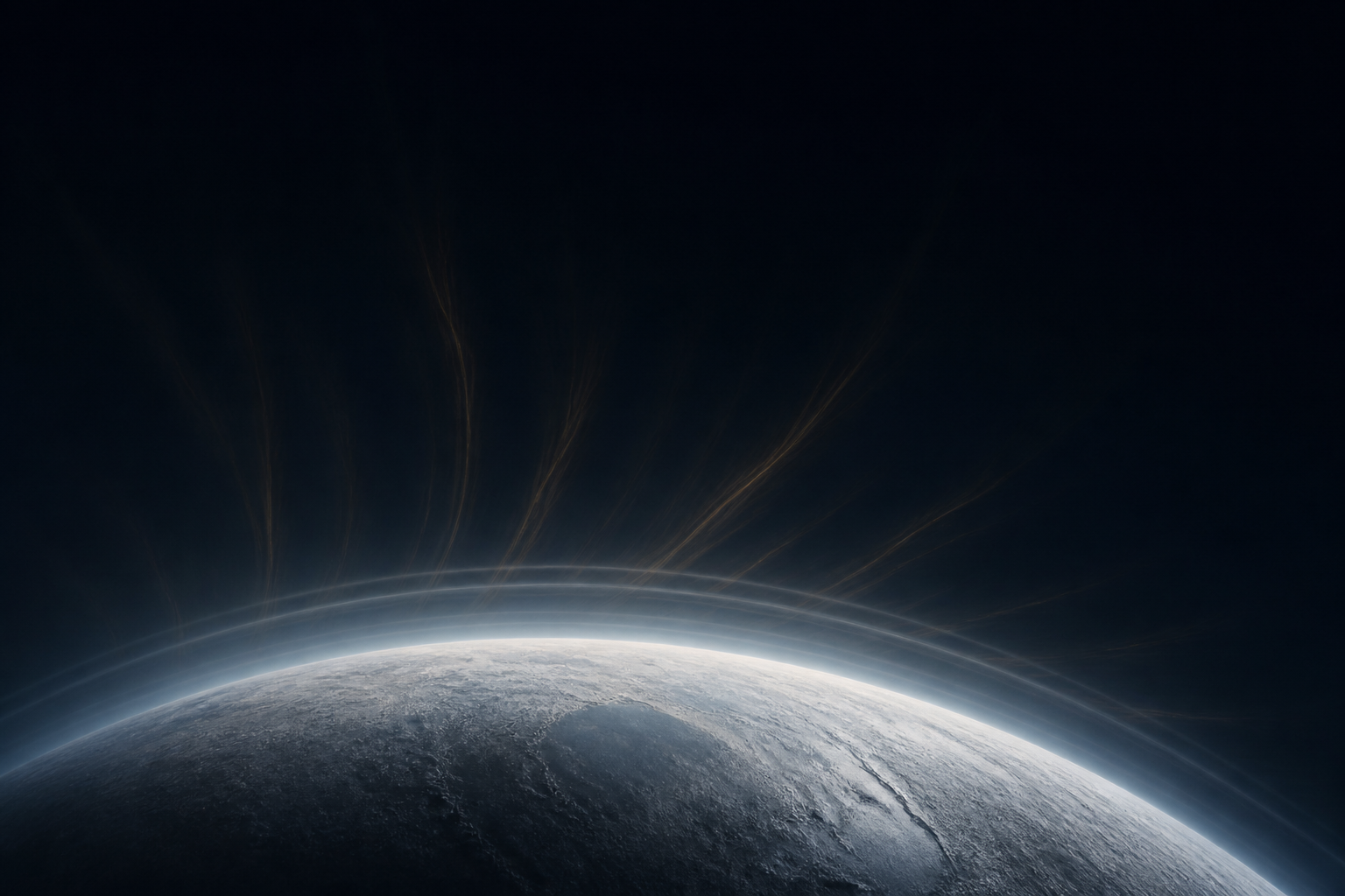 Editorial visualization of Pluto atmospheric haze radiating heat into space