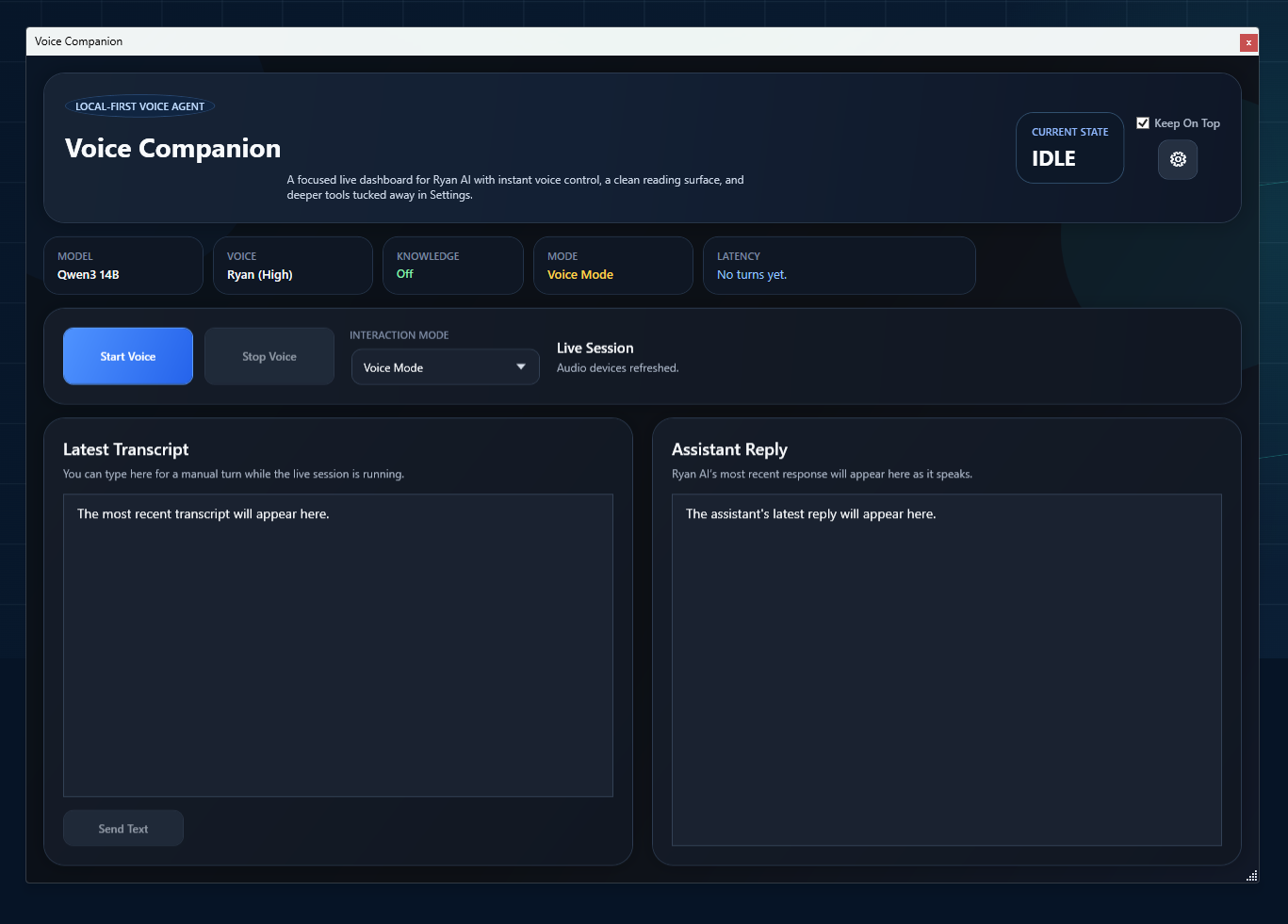 Ryan AI Voice Companion dashboard with local-first voice controls, model and voice status, transcript, and assistant reply panels